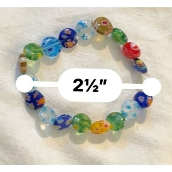 Handmade Millefiori Glass Bead Stretch Bracelet With Multicolor Floral Design - Picture 8 of 8
